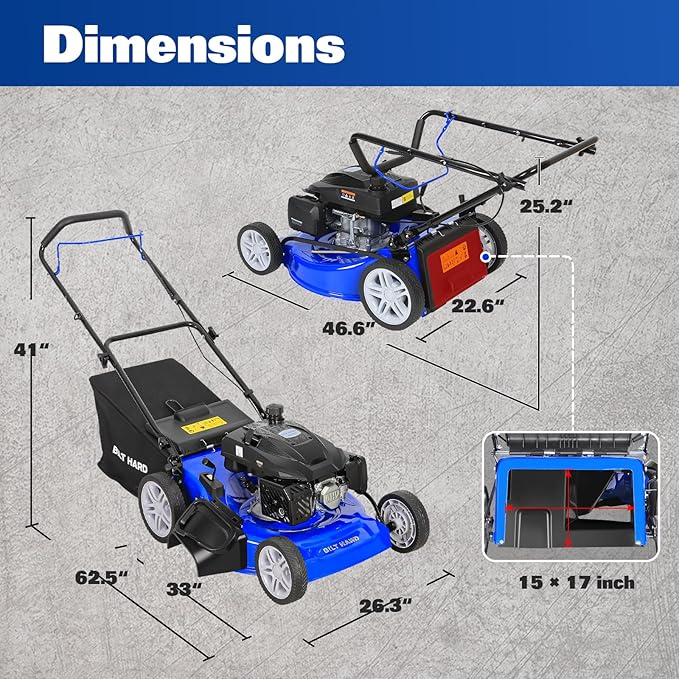 BILT HARD 21 Inch 201cc 4-Cycle Engine Push Lawn Mower, 3-in-1 Gas Lawn Mower with Bagging, Mulching and Side Discharge, Easy Start with Adjustable 8-Positions Cutting Height for Lawn, Yard, Garden