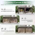 12’ x 20’ Lean to Gazebo, Outdoor Wall Mounted Gazebo Aluminum Frame, Hardtop Pergola with Galvanized Steel Sloping Roof for Patio Deck Garden Backyard, Curtain and Netting Included
