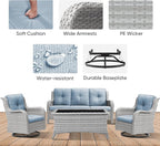 Patio Furniture 4 Piece, All-Weather PE Wicker Outdoor Furniture Set with Coffee Table,Outdoor Patio Furniture with Swivel Rocker Chairs and Outdoor Sofa, White Grey/Blue