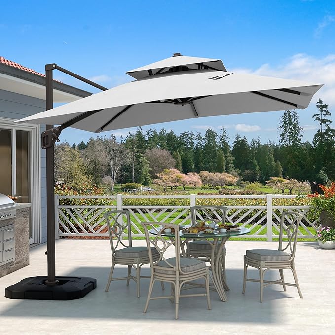 10' X 10' Cantilever Patio Umbrella Outdoor Heavy Duty Double Top Windproof Square Offset Umbrellas with 360-degree Rotation for Pool Deck Backyard, Foggy Grey