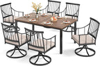 PHI VILLA 7 Pieces Outdoor Dining Set for 6, 65” Wood-Like Metal Rectangle Dining Table & Swivel Chairs with Cushions, Large Dining Furniture Set for Patio, Deck, Porch, Yard