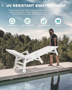 SERWALL Patio Chaise Lounge Chair Set of 2, 78'' Long 5-Positions Adjustable HDPE Outdoor Lounge Chair for Pool, Poly Lounge Chair with Rolling Wheels & Cup Holder for Poolside, Deck, White
