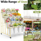 4 Layers Flower Display Stand with Buckets, 16 PCS Buckets Plant Stand with Wheels, Movable Metal Plant Stand for Terrace Garden, Living Room, Florist Shop