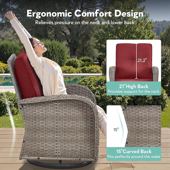 Outdoor Swivel Glider Rocker Chairs Set- 5 Piece Patio Furniture Set, Patio Bistro Sets with Tempered Glass Side Table and 2 Ottoman, for Balcony, Porch - Grey Wicker Red Cushion