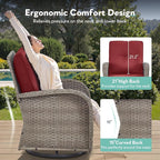Outdoor Swivel Glider Rocker Chairs Set- 5 Piece Patio Furniture Set, Patio Bistro Sets with Tempered Glass Side Table and 2 Ottoman, for Balcony, Porch - Grey Wicker Red Cushion