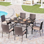PHI VILLA 7 Piece Outdoor Dining Set for 6, 60” Rectangular Wrought Iron Table with Umbrella Hole & Cushioned Rattan Chairs, Large Furniture Set for Patio, Deck, Yard, Porch