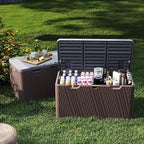 110 Gallon Outdoor Storage Box, Waterproof Patio Deck Box with Lockable Lid, Heavy-Duty HDPE Bench for Garden Tools, Cushions (Brown, 110 Gallon)