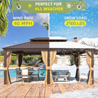 MELLCOM 12'x18' Hardtop Gazebo,Galvanized Steel Metal Double Roof Gazebos with Curtain and Netting, Brown Permanent Pavilion Canopy with Aluminum Frame for Patios,Gardens,Lawns
