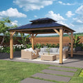 COOS BAY 11x13 Hardtop Gazebo with Cedar Wood Frame, Galvanized Steel Double Roof Outdoor Pavilion for Garden, Lawn, Poolside, Patio, Deck, Natural Wood/Black