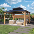 COOS BAY 11x13 Hardtop Gazebo with Cedar Wood Frame, Galvanized Steel Double Roof Outdoor Pavilion for Garden, Lawn, Poolside, Patio, Deck, Natural Wood/Black