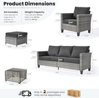 ovios 6 Pieces Patio Furniture Set Outdoor Sofa Couch with Solar Lights Table Comfy Cushions, Modern Deep Seat Wicker Rattan Conversation Set for Porch Deck, Black