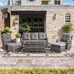 Wicker Outdoor Conversation Set-6 Pieces Outdoor Wicker High Back Couch with Swivel Rocker Chairs Patio Furniture for Deck Poolside Backyard-Grey/Grey