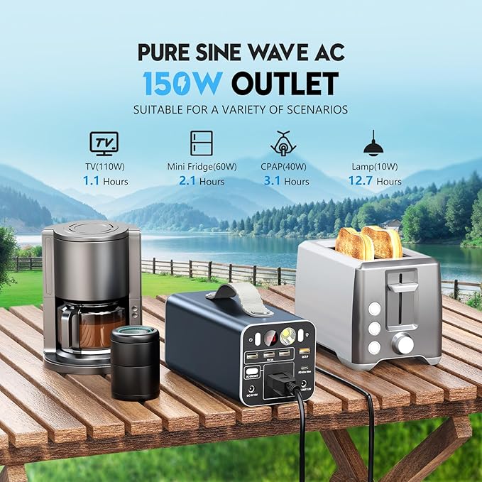 150W Portable Power Station, 42000mAh/155Wh Power Bank with AC Outlet, Dual Way 65W PD/USB-C Port, Laptop Charger for Outdoor Camping Home Emergency Outage