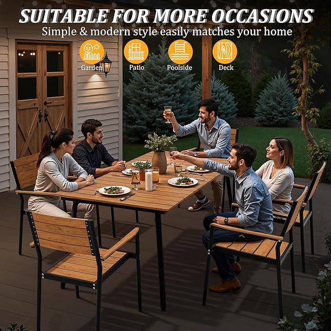 Outdoor Dining Table for 6, 70inch Patio Dining Table with Wooden-Like Top and Aluminum Frame, Rectangular Table with Umbrella Hole Outdoor Furniture, Brown