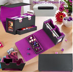 Card Deck Box for mtg – Fits 100+ Double-Sleeved Cards, Dual Commander Display with Dice Tray, PU Leather Organizer for TCG, CCG, Sports Cards (Black&Purple)