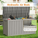 180 Gallon Outdoor Storage Box, Waterproof Deck Box with Handles and Lockable Lid, Resin Patio Storage Box with Hydraulic Rods for Garden Tools, Cushions, Grey