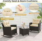 ORALNER 3 Pieces Patio Furniture Set, Outdoor Wicker Rocking Chairs with Soft Cushions, Glass Coffee Table, Rattan Conversation Bistro Set for Front Porch Balcony Garden Deck Poolside (Beige)