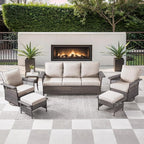 6 Pieces Wicker Patio Furniture Set - Hollow Widen Armrests 3 Seat Outdoor Sofa & Comfy Chairs with Side Table & Ottomans, Small Patio Convention Set for Deck and Backyard - Brown/Beige
