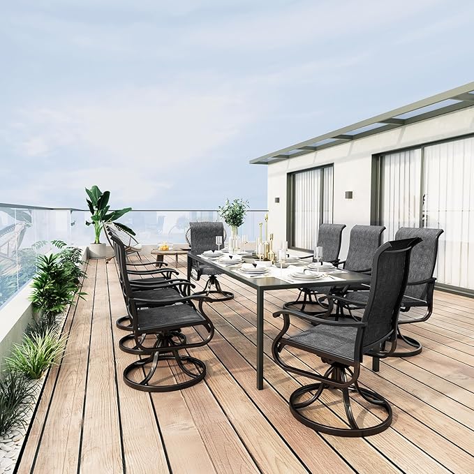 Amopatio Patio Swivel Chairs Set of 8, Outdoor Swivel Rocker Dining Chairs with All Weather Textilene High Back & Metal Frame, for Backyard Deck Lawn Garden, Dark Grey