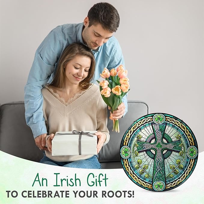 FLAGWIX Christmas Irish Gifts for Women Men - Stained Glass Hanging Suncatcher 10 in - Birthday Christmas Irish Decorations for Family Friends, Celtic Cross Home Decor, St Patricks Day Decorations
