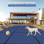 Inground Pool Cover Safety Fits Rectangle Swimming Pool, Mesh Solid Pool Cover for Inground Pools,Winter Pool Safety Cover Includes Safety Net and Installation Tools Blue (Blue, Fits 14x28ft Pools)