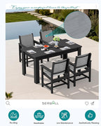 SERWALL Outdoor Dining Sets for 4 with 1 Umbrella Hole Cut-Out Rectangular Table and 4 Textilene Chairs, Patio Dining Table Sets for Garden, Backyard, Poolside, Black