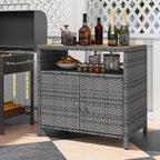 RELAX4LIFE Wicker Outdoor Bar Cabinet - PE Rattan Patio Bar Table w/Acacia Wood Countertop, Open Shelf & 2 Doors, Buffet Sideboard Organizer for Garden Backyard Pool, Outside Storage Cabinet (Grey)