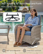 HUMMUH 7 Pieces Wicker Patio Conversation Set Outdoor Glider Loveseat with Patio Swivel Rocking Chairs Outdoor Patio Set for Deck Lawn Porch Balcony Poolside-Grey/Blue