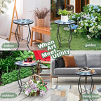 VCUTEKA Patio Side Table Outdoor Accent Table Bistro Coffee Table Plant End Table Small Porch Tables Indoor Round Glass Balcony Blue Flowers 14 inches