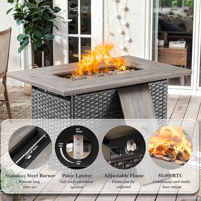 HUMMUH Patio Furniture Set with Fire Pit Table 5-Piece Wicker Outdoor Swivel Rocker Patio Chairs Loveseat Conversation Set for Porch, Backyard, Deck