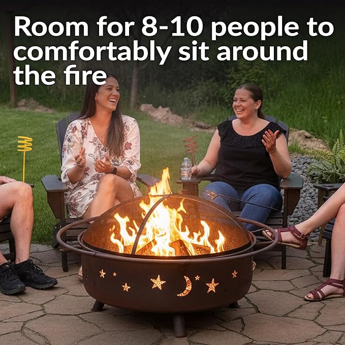 Sunnydaze Cosmic 42-Inch Large Outdoor Fire Pit - Wood-Burning Fire Pit with Round Spark Screen, Poker, and Built-in Grate