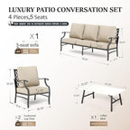 HERA'S HOUSE 4 Piece Patio Furniture Set, 2 x Metal Frame Cushioned Chair, 3-Seat Sofa with Marbling Coffee Table, All Weahter Outdoor Conversation Set for Lawn Garden Backyard