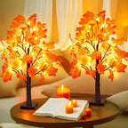 2 Pack 24 Inch Artificial Lighted Fall Maple Tree Thanksgiving Decorations with 48 LEDs Battery Operated Timer Prelit Acorn Maple Tree Lights for Thanksgiving Table Decor Home Indoor Autumn Harvest