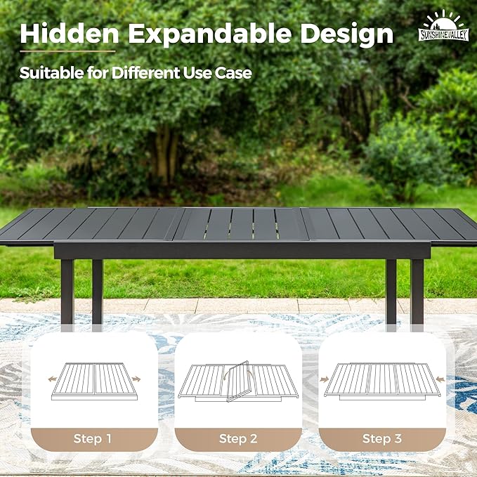 7 Pieces Patio Dining Set, 6 x Woven Rattan Chairs with Waterproof Cushion, 84" Extendable Rectangular Dining Table, Outdoor Table and Chairs Set for Backyard Lawn and Deck, Beige