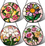 Stained Glass Window Hanging 4 Pcs Set Pink Floral Theme Large 15" - Flowers Suncatcher Door Garden Sun Catcher Decor Birthday Christmas for Mom Woman Nana Men Friend