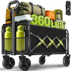 Wagons Carts Foldable, Collapsible Wagon with Wheels, Folding Wagons carts for Camp Sports Garden, Portable Utility Outdoor Wagon with 360lbs, Garden Cart for Groceries, Two Cup Holder, Black