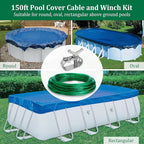 Belleone Swimming Pool Cover Cable and Winch Kit - 150ft Plastic-Coated Steel Pool Cover Wire & Aluminum Spring Loaded Pool Cover Ratchet for Above Ground Swimming Pool Winter Safe (Green)