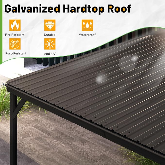 8x10FT Lean to Gazebo, Outdoor Metal Hardtop Wall Mounted Gazebo with Gutter & Sloping Galvanized Steel Roof, Hard Top Awnings/Shelter for Deck, Porch, Backyard- Brown