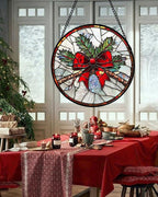 Stained Glass Window Hanging - Pine Branches Red Bow Suncatcher for Doors Home Christmas Decoration Silver Sun Catcher Thanksgiving New Year Birthday Gifts for Women Men Mom Nana 11.8 in