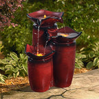 Teamson Home 3 Tiered Floor Water Glazed Pots Fountain with LED Lights and Pump for Outdoor Patio Garden Backyard Decking Décor, 20 inch Height, Gradient Red