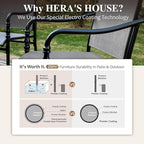 HERA'S HOUSE Patio Table and Chairs, 7 Pieces Outdoor Dining Set, 1 x Round Metal Table with 1.57”-1.9” Umbrella Hole, 6 x Grey Armrest Chairs for Deck Porch Backyard