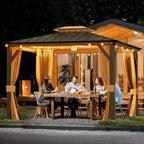 YOLENY 12'x10' Hardtop Gazebo, Outdoor Canopy Gazebos wtth Acrylic & Galvanized Steel Roof,Aluminum Frame with Curtains and Netting, Sunshade for Garden, Patio, Lawns Black