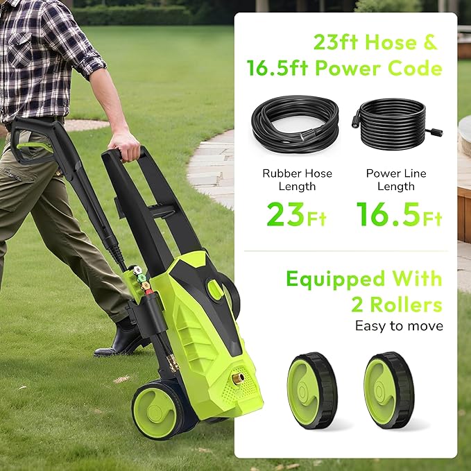 Electric Pressure Washer, 2.0 GPM – High Pressure Power Washer with Foam Cannon, 4 Quick-Connect Nozzles, 23ft Hose & Compact Storage for Cars, Patios & Home Cleaning, Green