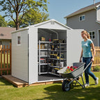 Greesum 6x6FT Plastic Outdoor Storage Shed with Floor, Resin Sheds with Lockable Double Door, Window & Vents, All-Weather Tool Sheds for Garden, Backyard, Patio, Light Gray