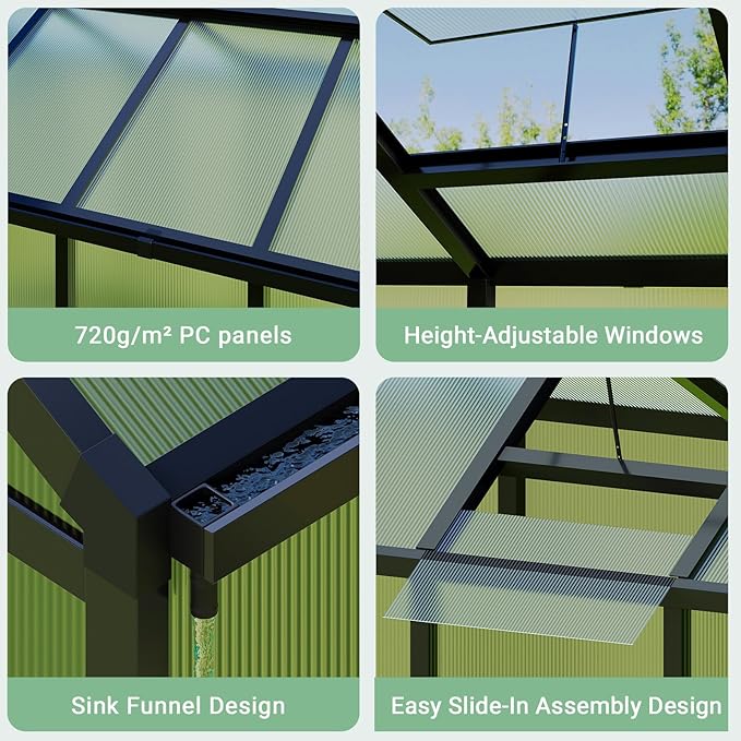 6x10 FT Greenhouse, Easy Assembly Aluminum Polycarbonate Greenhouses for Outdoors with Roof Vent, Large Aluminum Walk-in Greenhouse for Sunroom Patio, Backyard, Garden, Sliding Lockable Door, Black