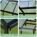 6x10 FT Greenhouse for Outdoors, Polycarbonate Greenhouse with Roof Vent, Ground Nails, Lockable Push Door, Aluminum Large Walk-in Green House for Outside Garden Backyard, Patio, Lawn, Black