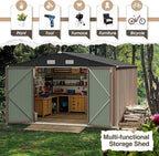 Furniwell 10x10 FT Outdoor Storage Shed, Metal Garden Sheds Outdoor Storage House with Single Lockable Door for Backyard Patio Lawn, Brown