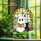 Ghost Black Cat Suncatcher, Ghost Reading Book Halloween Decor