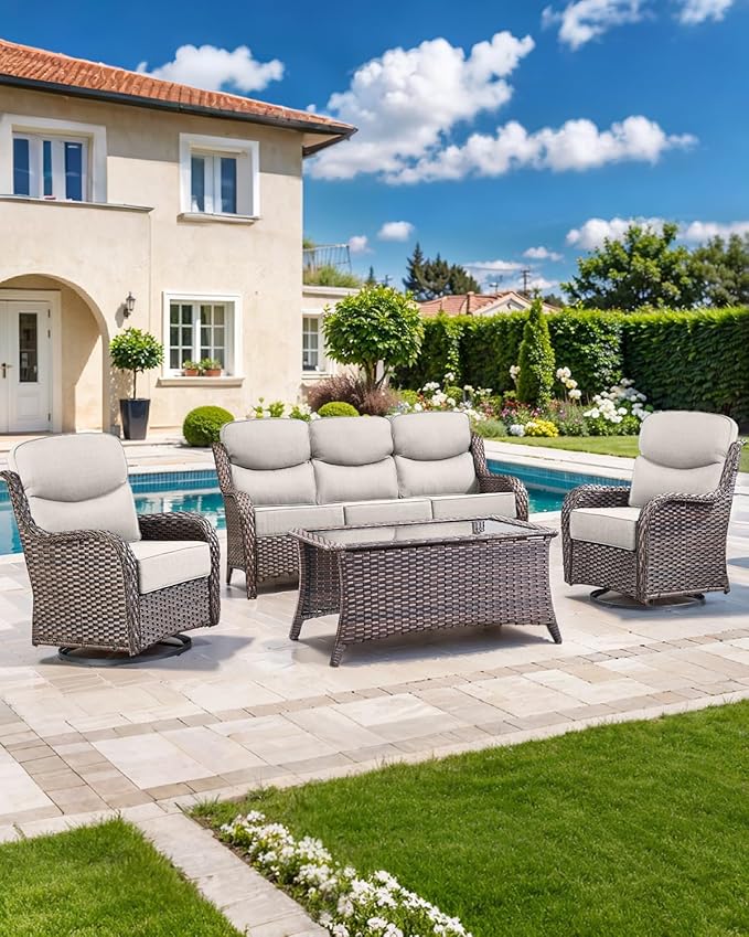 Luxury 22x24/22x25 6-Inch Smile Patio Cushions for Outdoor Furniture Set of 6 - Thick Back & Deep Seat Outside Chair Cushions for Rattan Metal Glider Loveseat Sectional Sofa - Beige