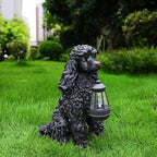 Porch Greeter Dog Statue with Flip-Over “Welcome/ON Patrol” Hanging Plaque and Solar Walkway Lantern, Black Sitting Poodle Yard Accent